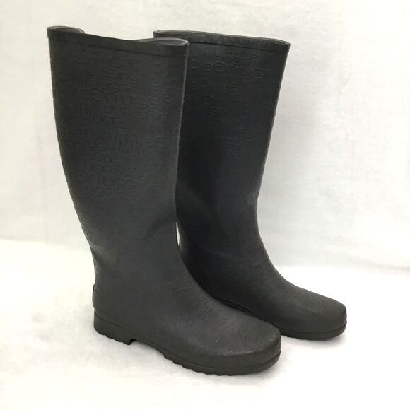 UGG Women's Wilshire Embossed Logo Pattern Tall Rain Boots, Charcoal \ Grey Sz 9 - Picture 2 of 11